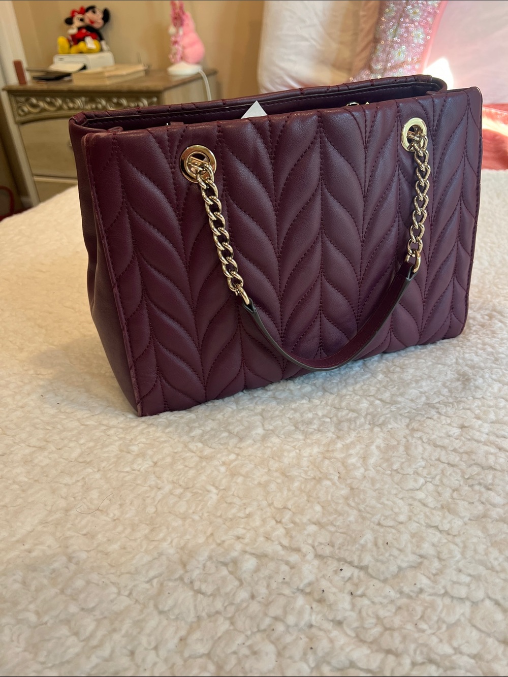 kate spade Quilted Burgundy Leather with Gold Chain Handles and longer strap. - Picture 3 of 13